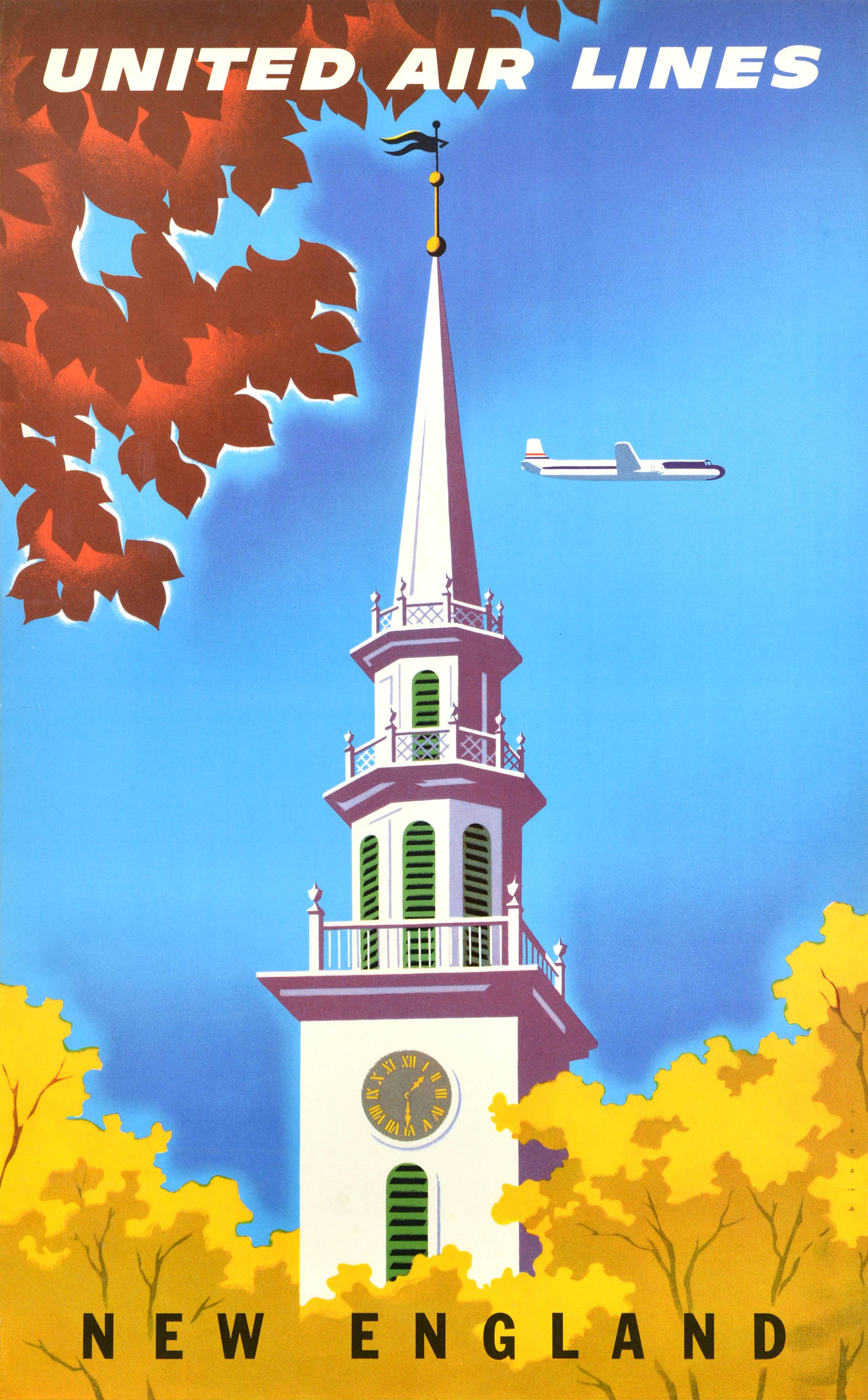 Joseph Binder Print - Original Vintage Travel Advertising Poster United Air Lines New England Binder