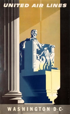 Original Vintage Travel Poster United Air Lines Washington D.C. Lincoln Memorial