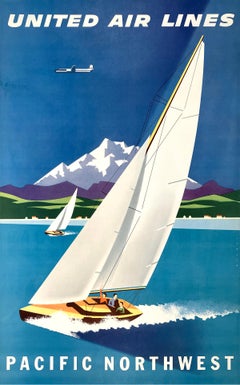 Poster originale d'epoca della United Airlines Pacific Northwest Sailboat di Joseph Bin