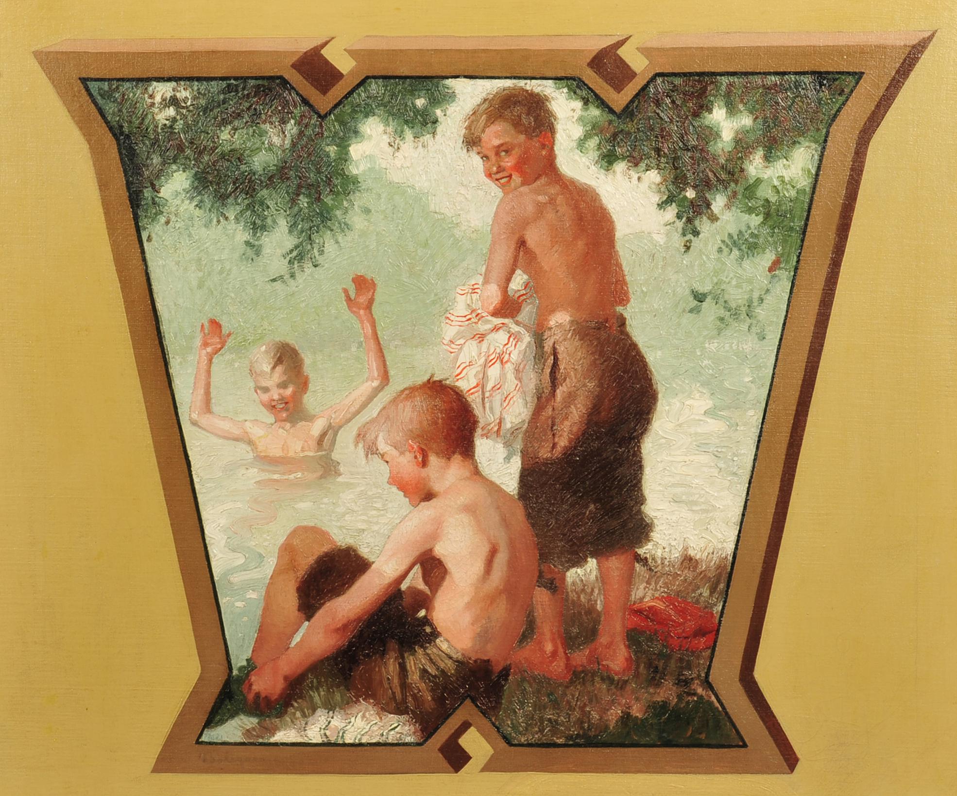 Tre ragazzi alla piscina - Painting di Joseph Bolegard