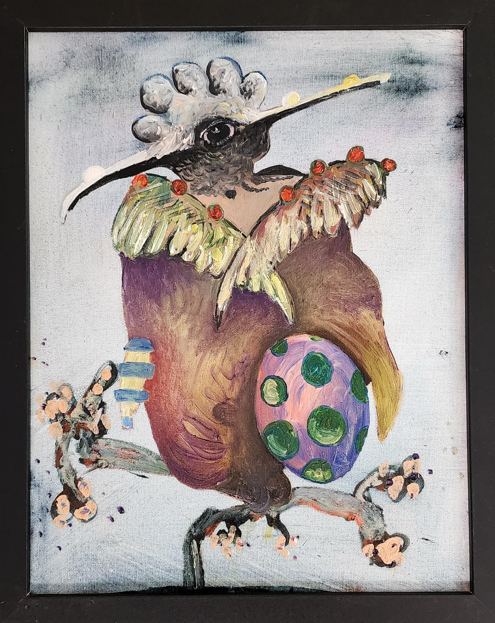 Wee One 14 (Colibrì, Ritratto, Racconto, Pittura a olio) - Animal Painting Grigio di Joseph Broghammer