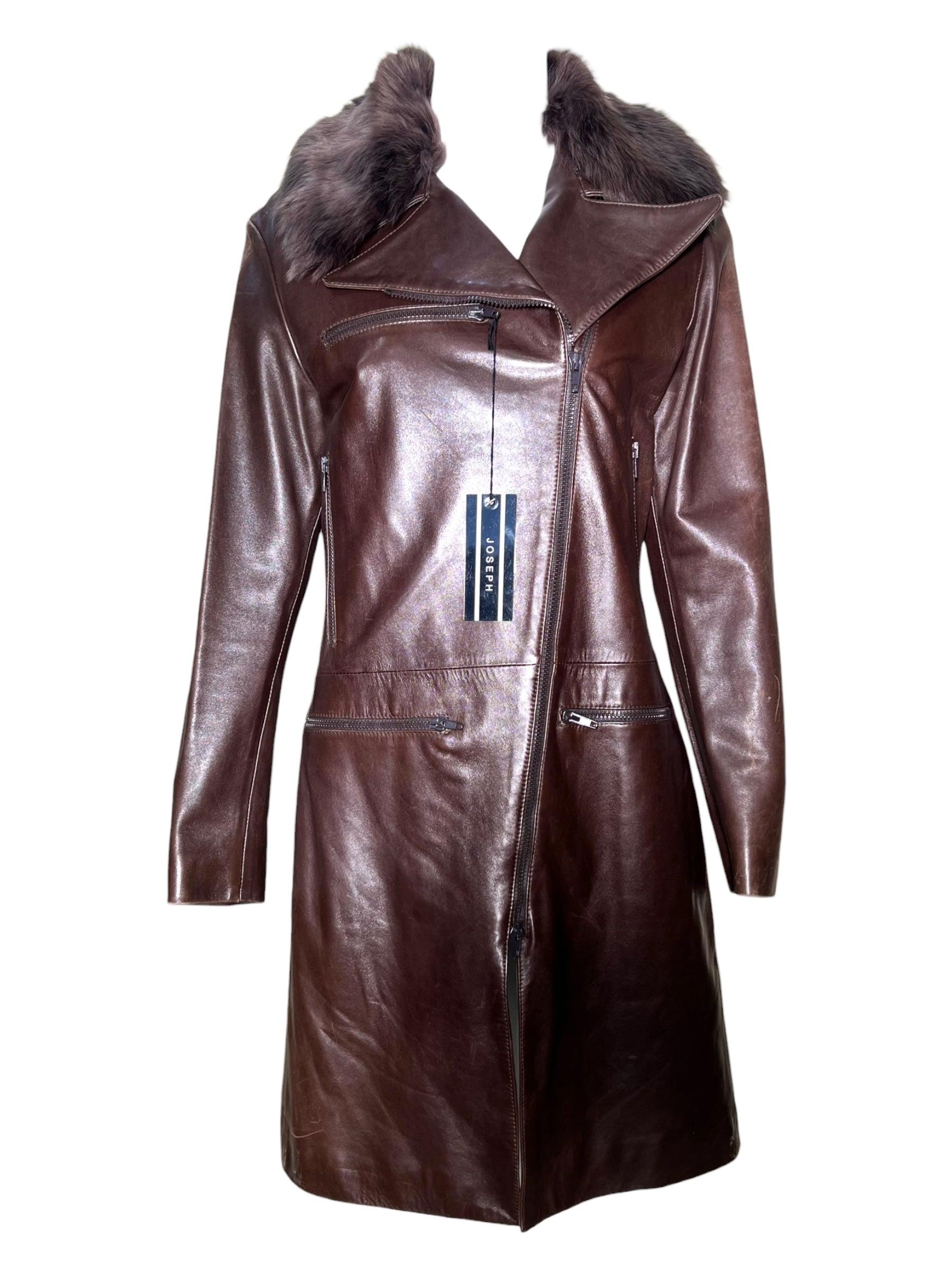 JOSEPH Brown Sheepskin Leather Coat with Fur Collar, 2000s For Sale