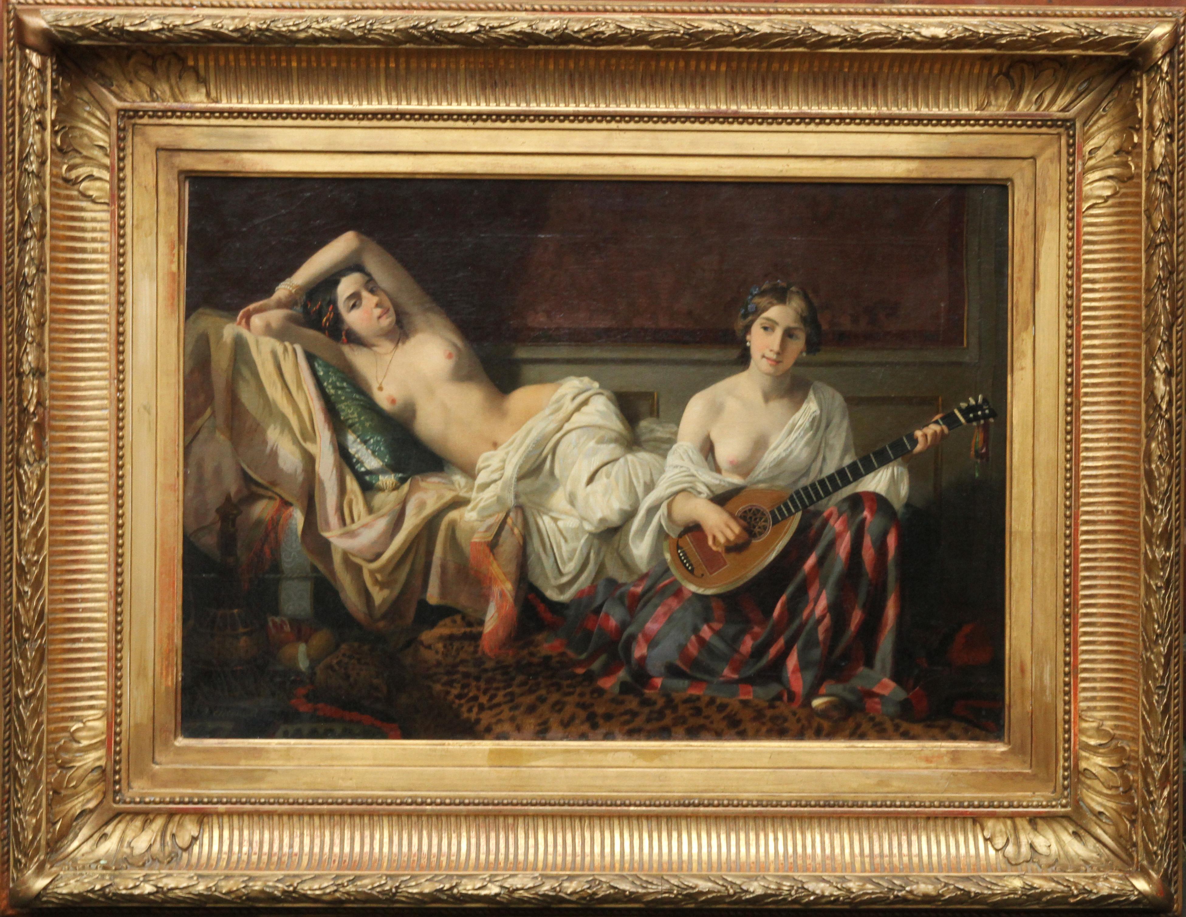 Serenade in the Harem - French 19th Century Orientalist art nude oil painting For Sale 7
