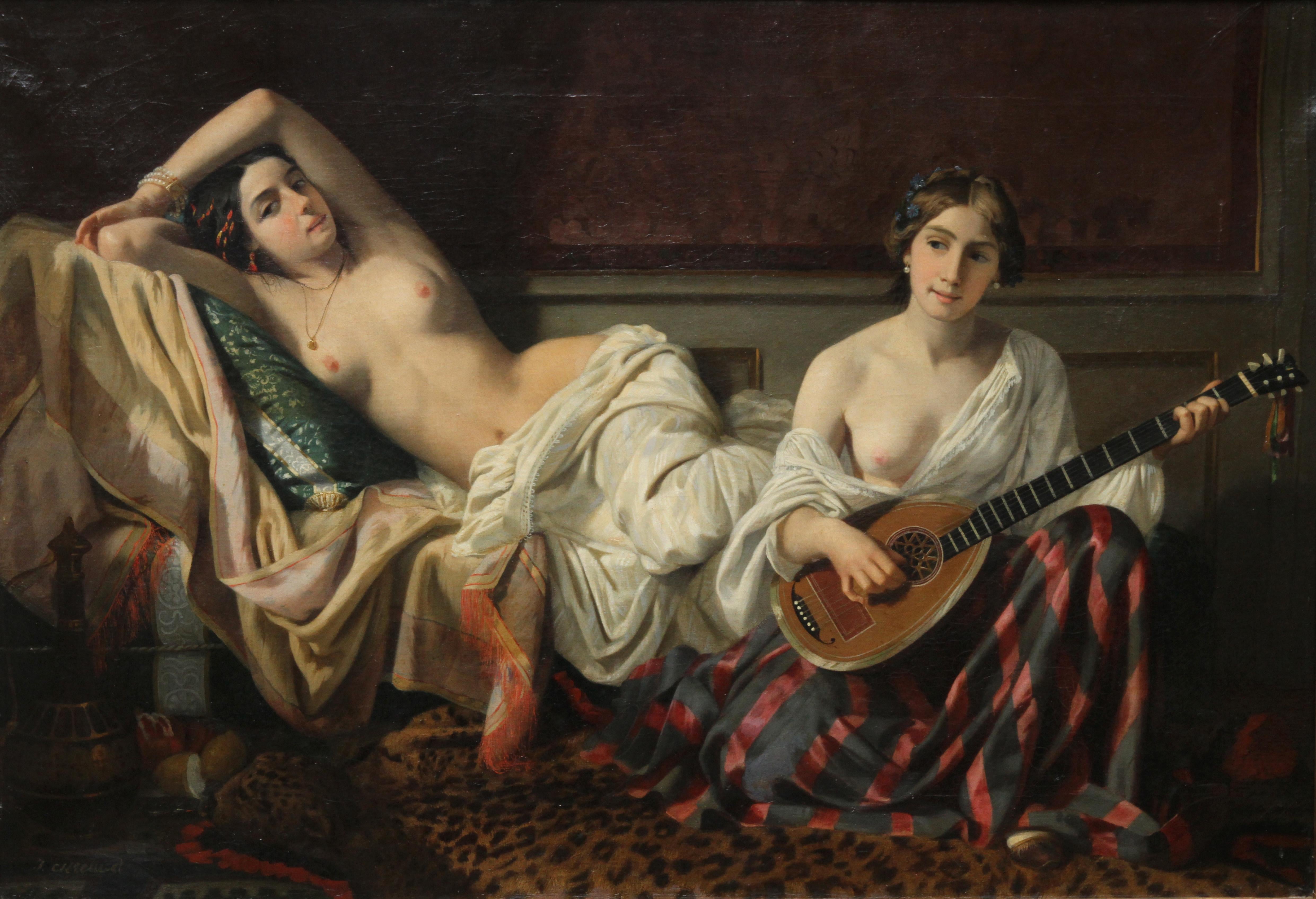 Serenade in the Harem - French 19th Century Orientalist art nude oil painting - Painting by Joseph Caraud