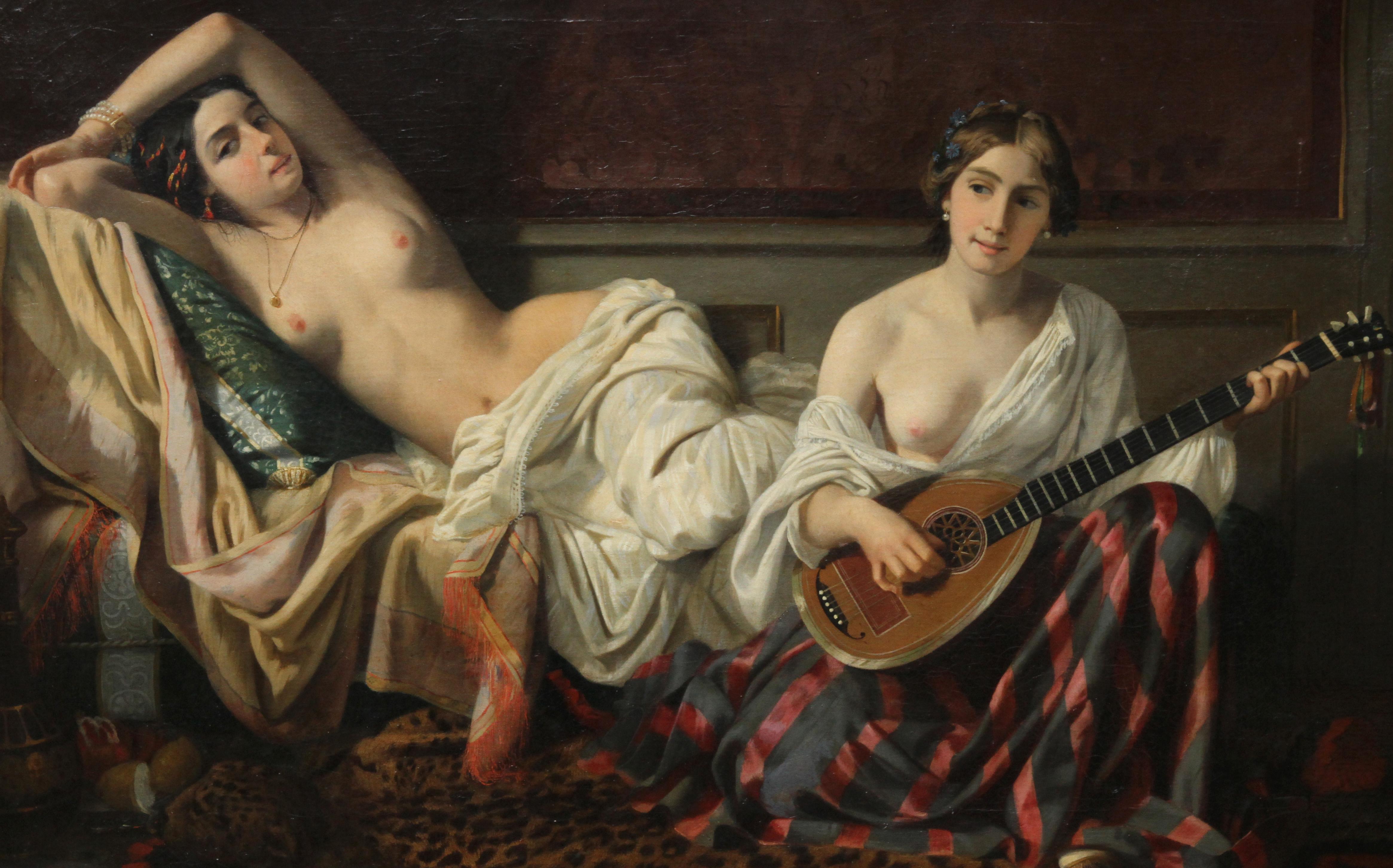 Serenade in the Harem - French 19th Century Orientalist art nude oil painting - Realist Painting by Joseph Caraud