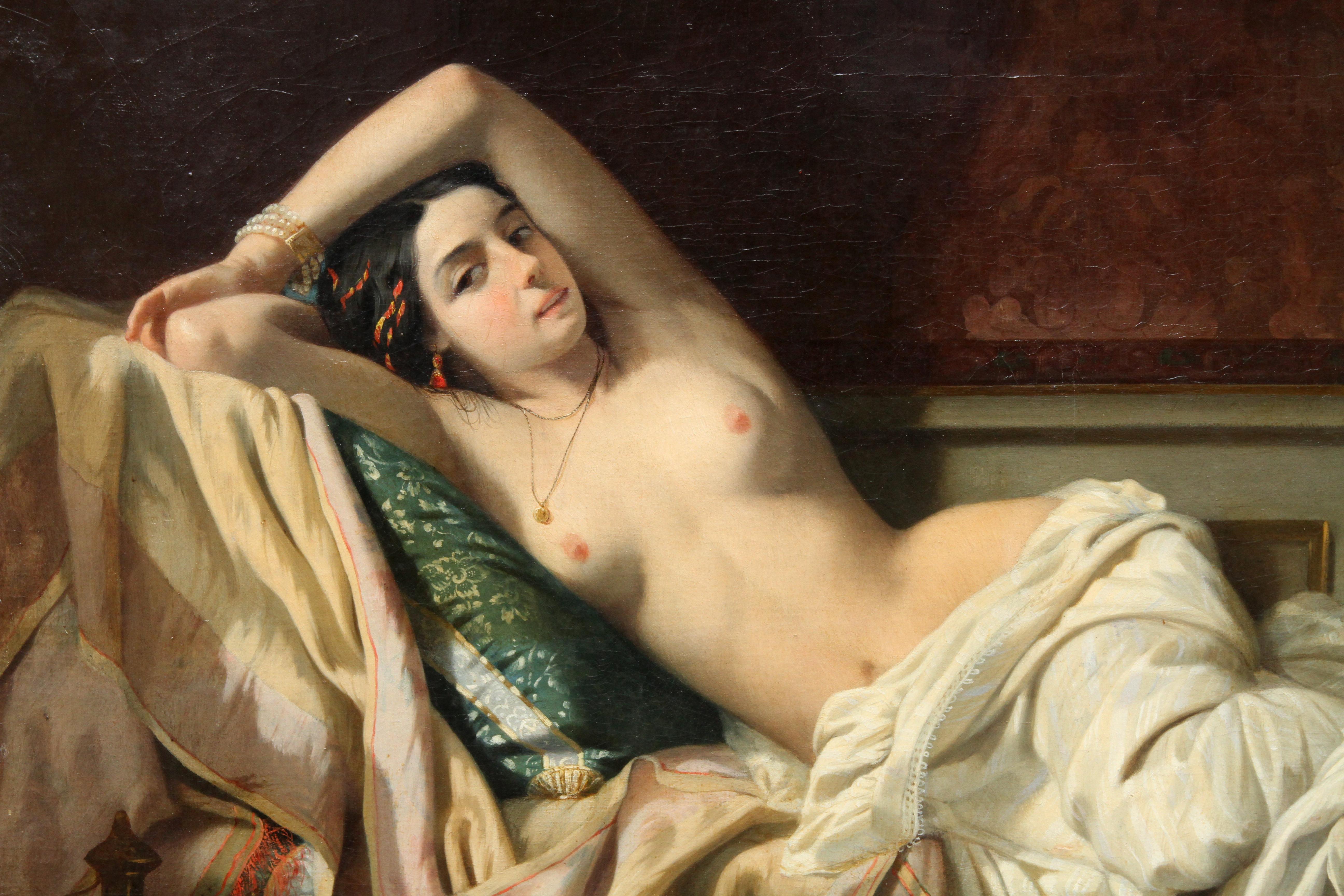 Serenade in the Harem - French 19th Century Orientalist art nude oil painting For Sale 2