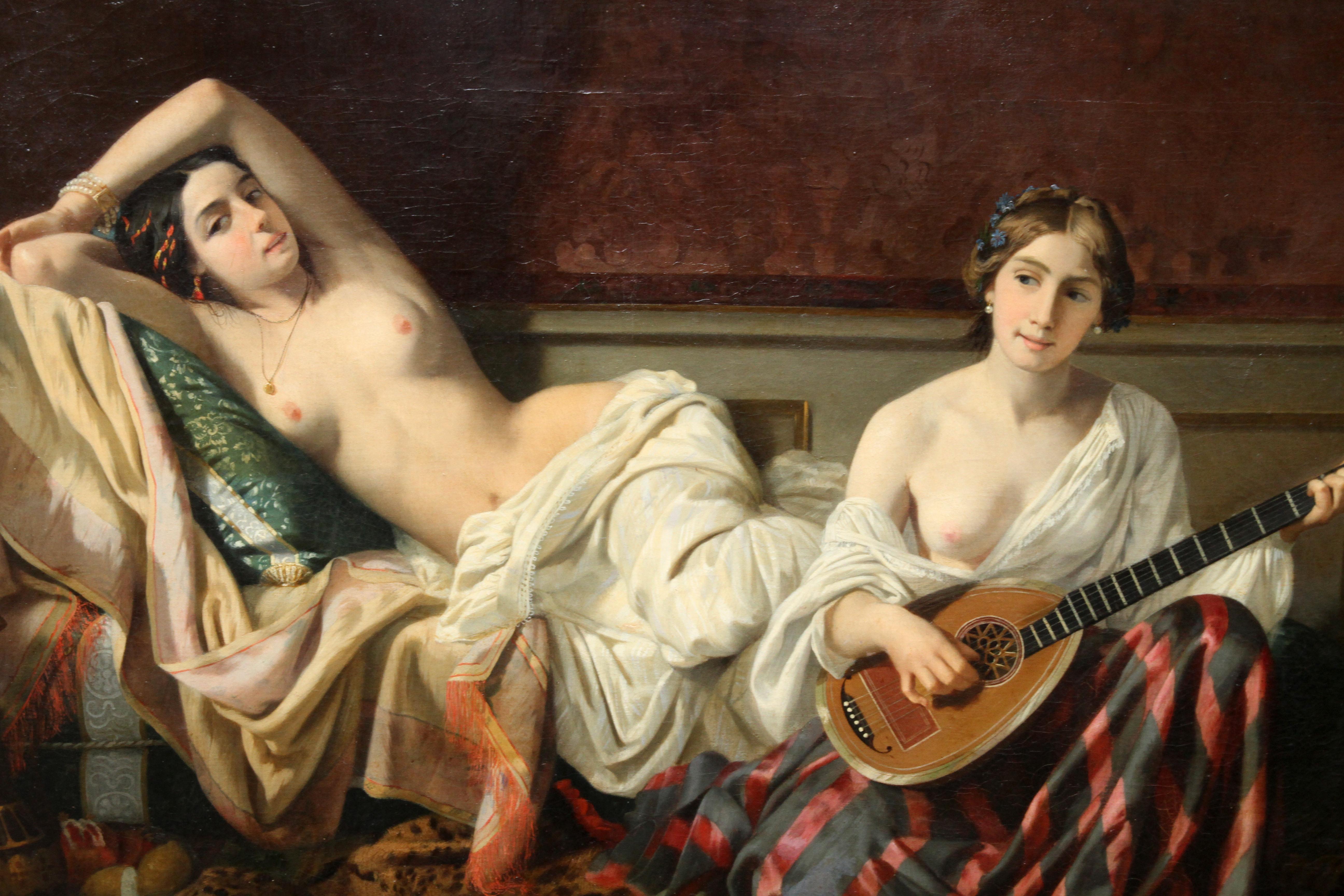 Serenade in the Harem - French 19th Century Orientalist art nude oil painting For Sale 3