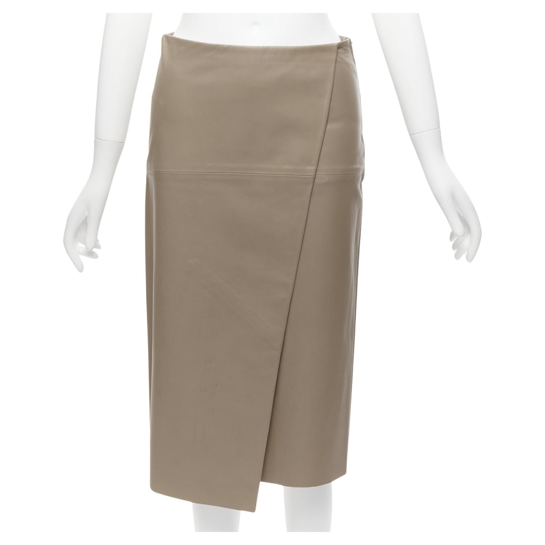 JOSEPH Charlene stone beige lambskin leather minimal split A-line wrap skirt For Sale