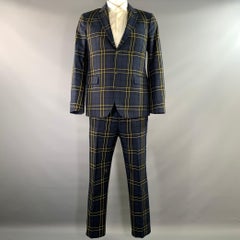 JOSEPH Chest Size 42 Navy Yellow Plaid Cotton Notch Lapel 34 30 Suit