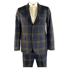 JOSEPH Chest Size 42 Navy Yellow Plaid Cotton Notch Lapel 34 30 Suit