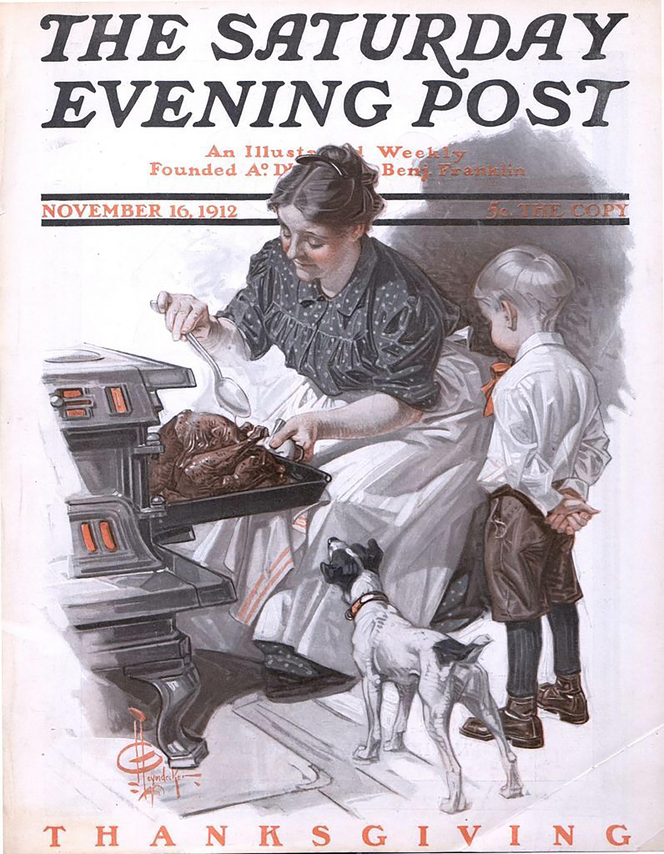 Basting the Turkey, Saturday Evening Post Cover Study - Painting by Joseph Christian Leyendecker