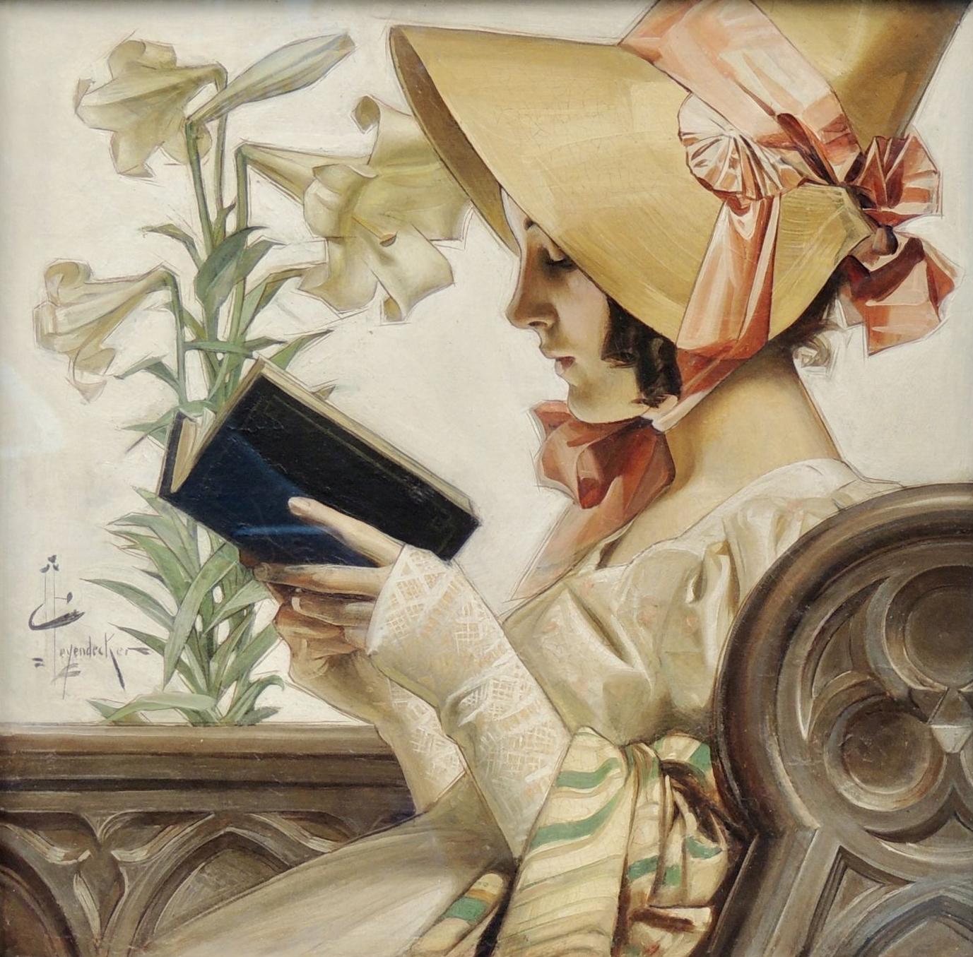 Joseph Christian Leyendecker Figurative Painting - Bonneted Lady in Church, Easter Saturday Evening Post Cover