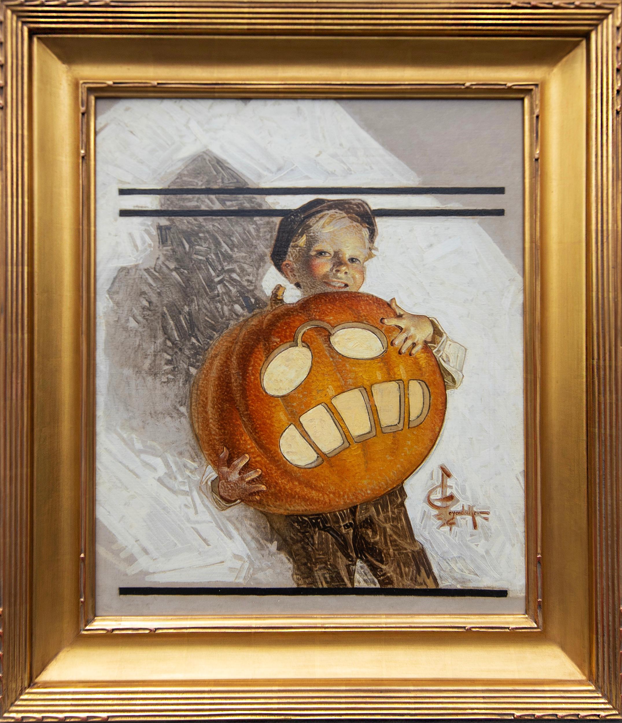 Boy Holding Pumpkin Carving of Teddy Roosevelt - Painting by Joseph Christian Leyendecker