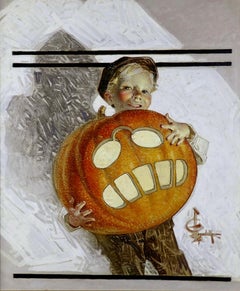 Antique Boy Holding Pumpkin Carving of Teddy Roosevelt