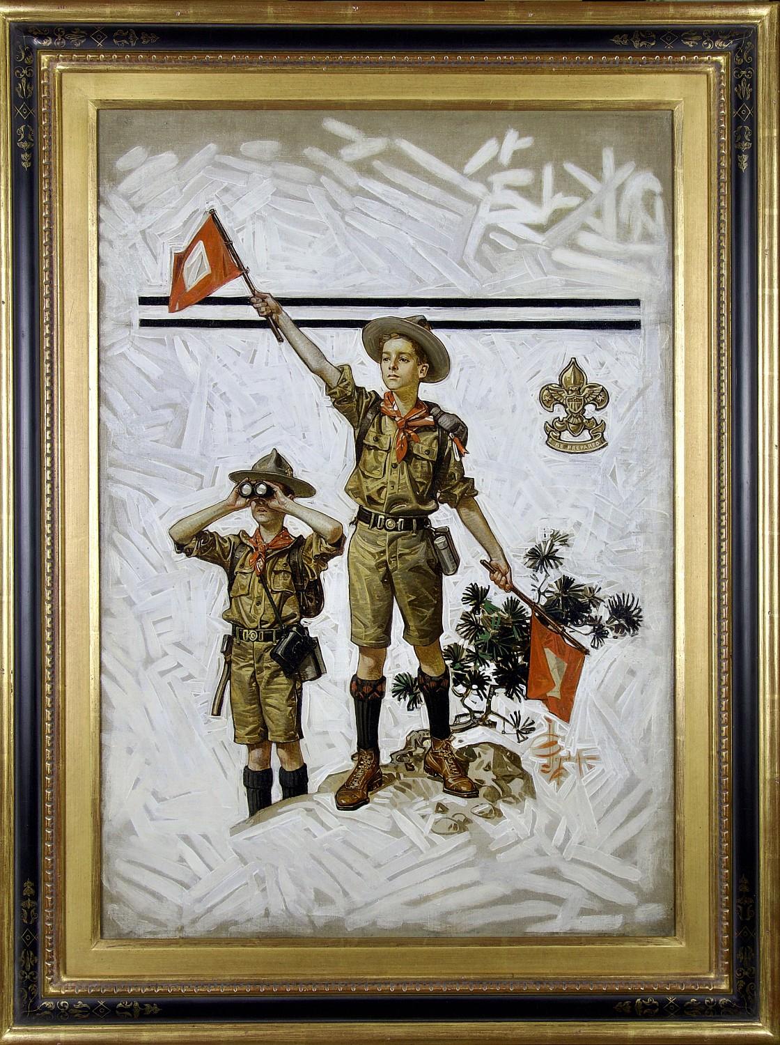 Boy Scouts che segnalano con le bandiere, copertina originale per The Post and Boys' Life - Painting di Joseph Christian Leyendecker