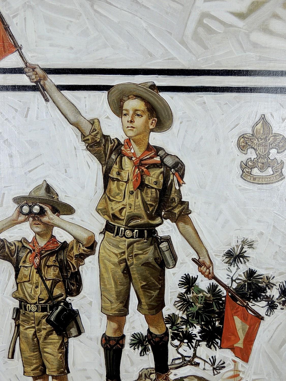 Boy Scouts che segnalano con le bandiere, copertina originale per The Post and Boys' Life - Figurative Painting Grigio di Joseph Christian Leyendecker