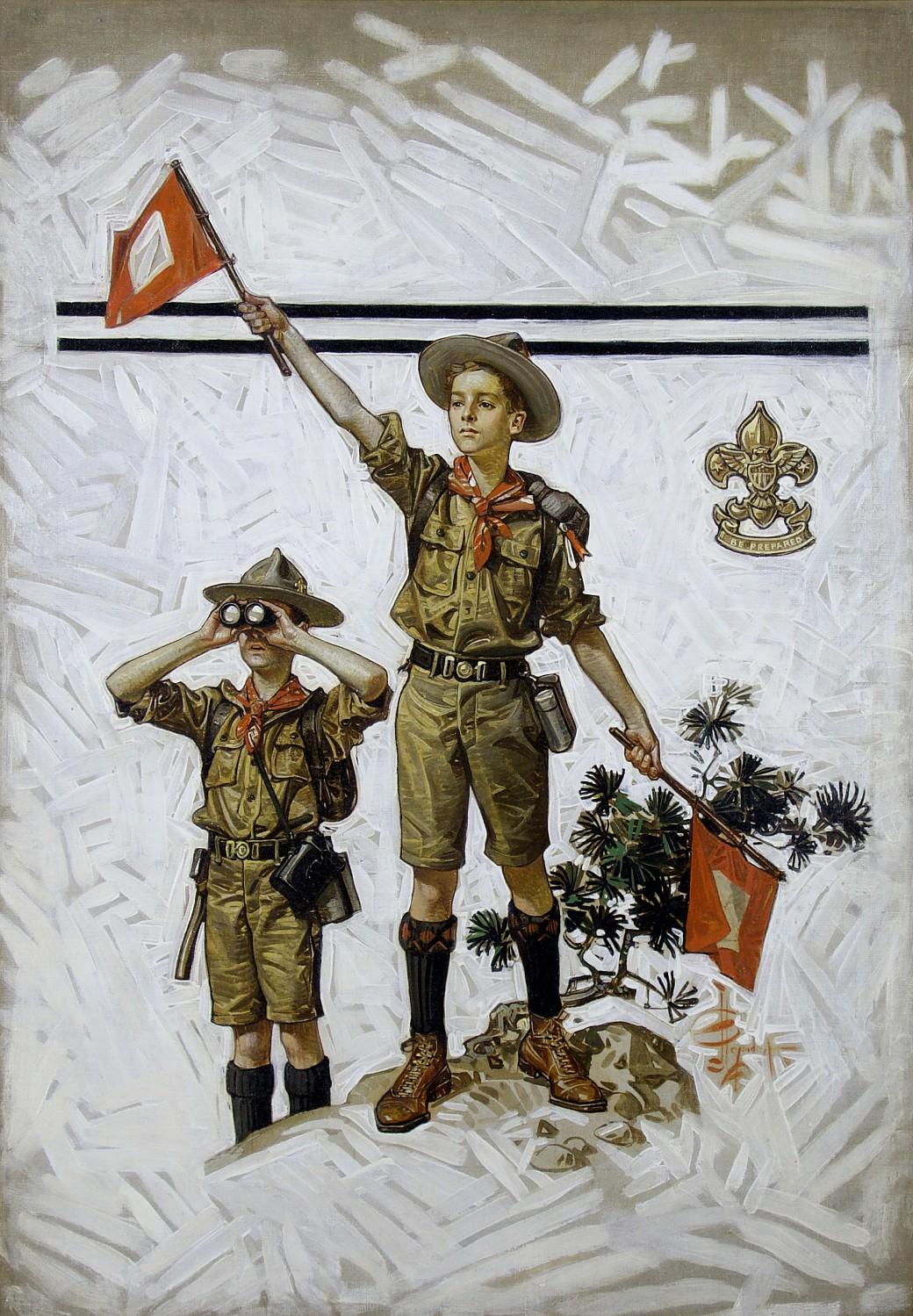 Figurative Painting di Joseph Christian Leyendecker - Boy Scouts che segnalano con le bandiere, copertina originale per The Post and Boys' Life