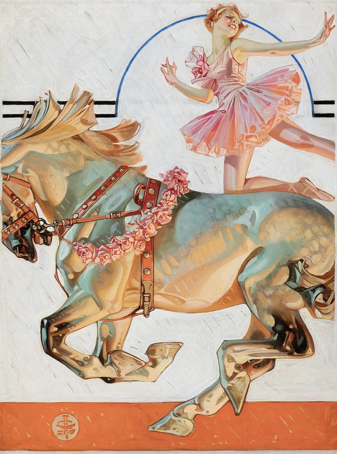 Figurative Painting di Joseph Christian Leyendecker - Cavaliere del circo a pelo, copertina originale per The Saturday Evening Post, 1932