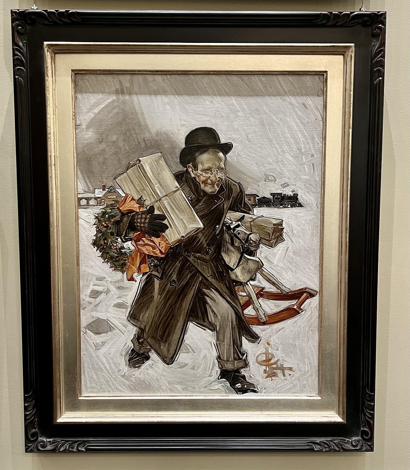 Vater fing mit einer Handvoll Geschenken nach Hause, Saturday Evening Post-Cover – Painting von Joseph Christian Leyendecker