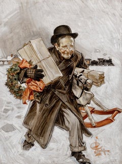 Padre corriendo a casa con un montón de regalos, Portada del Saturday Evening Post