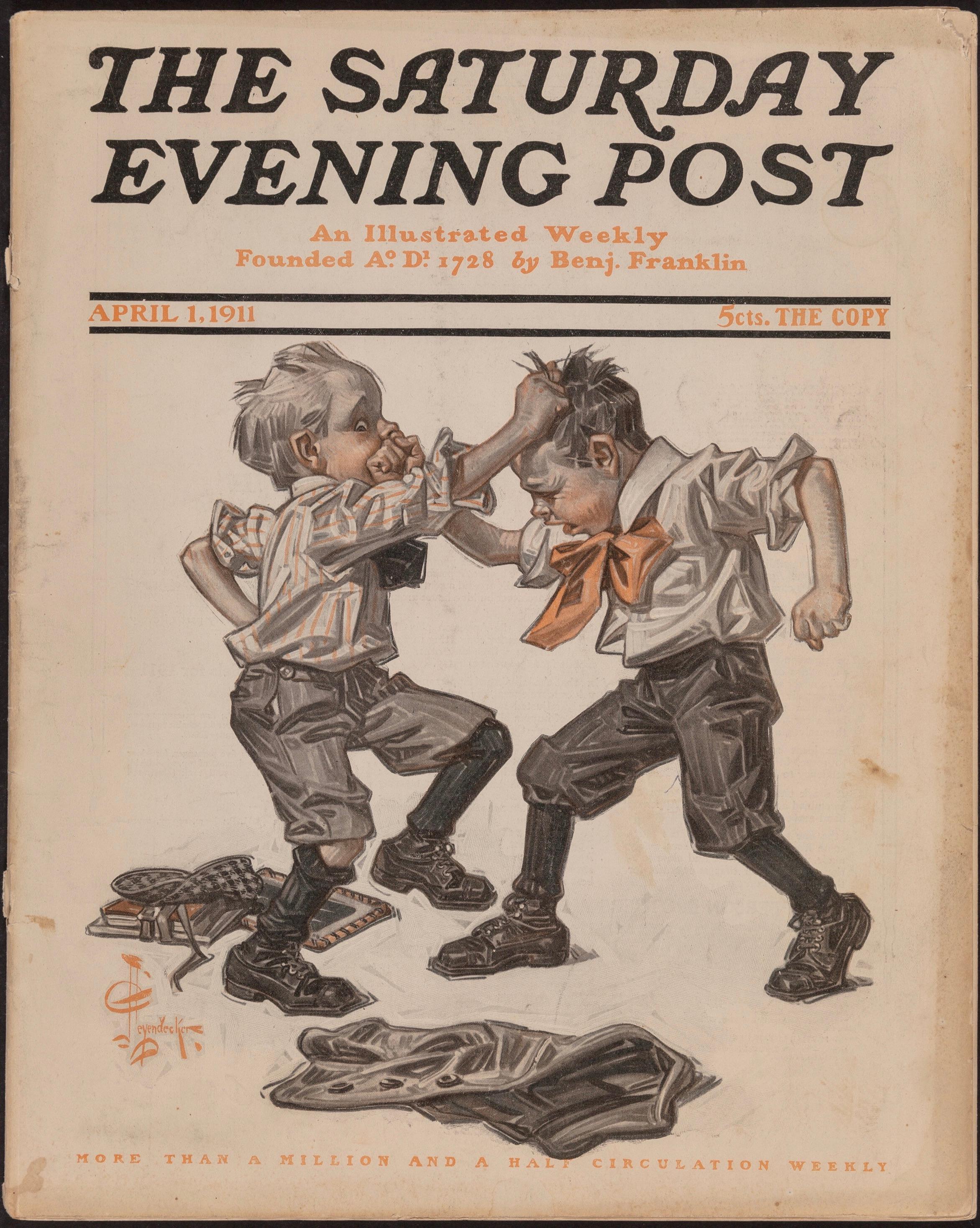 Fight Between Two Boys, Saturday Evening Post cover study - Brown Figurative Painting by Joseph Christian Leyendecker