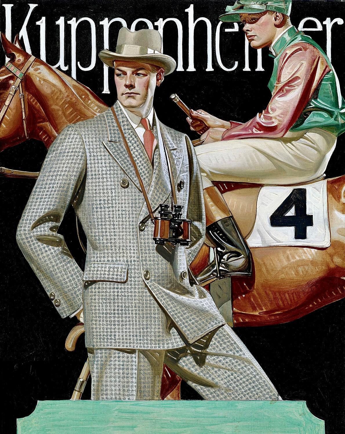 Figurative Painting de Joseph Christian Leyendecker - Jinete en caballo de carreras con caballero bien vestido
