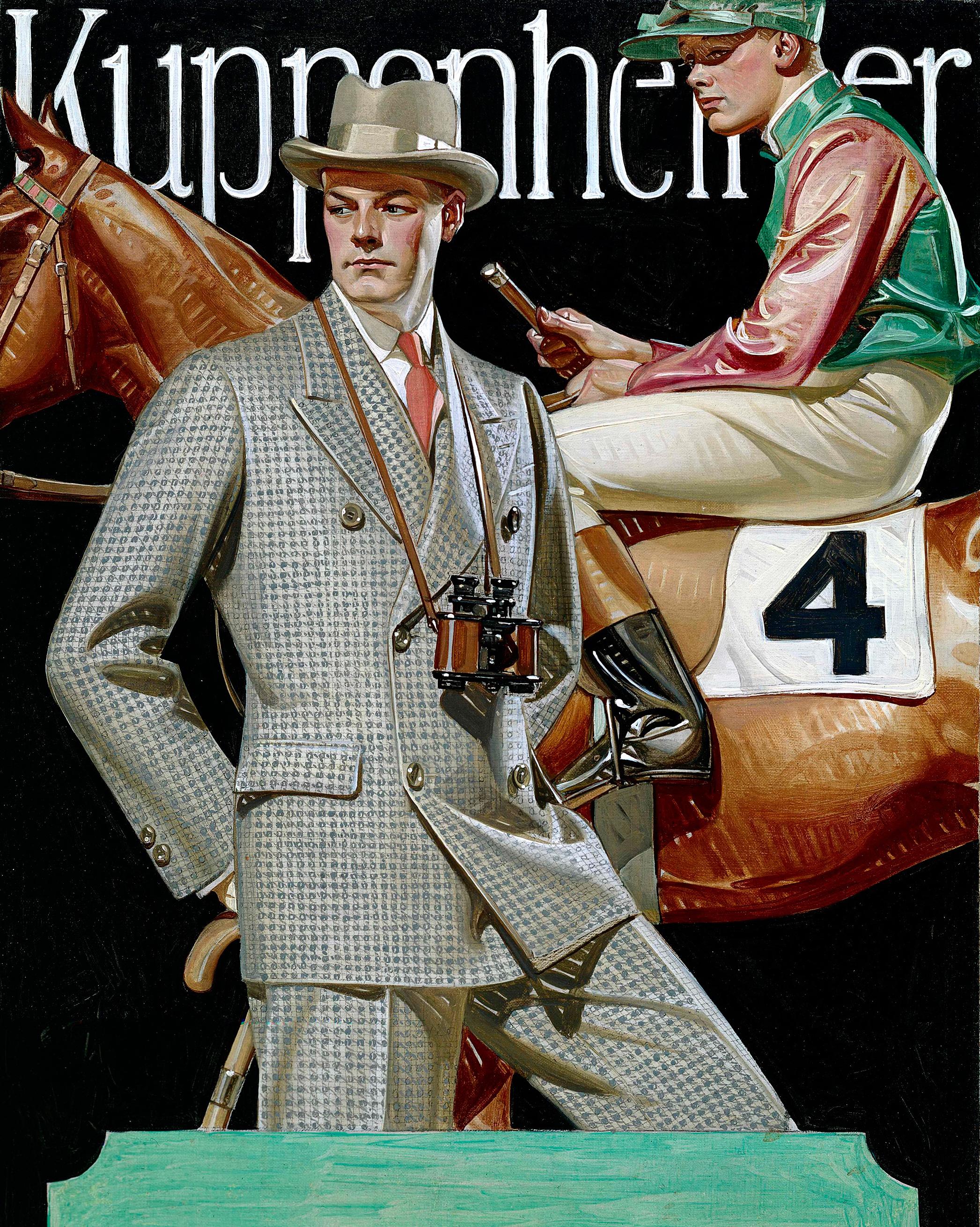 Jinete en caballo de carreras con caballero bien vestido - Figurative Painting Negro de Joseph Christian Leyendecker
