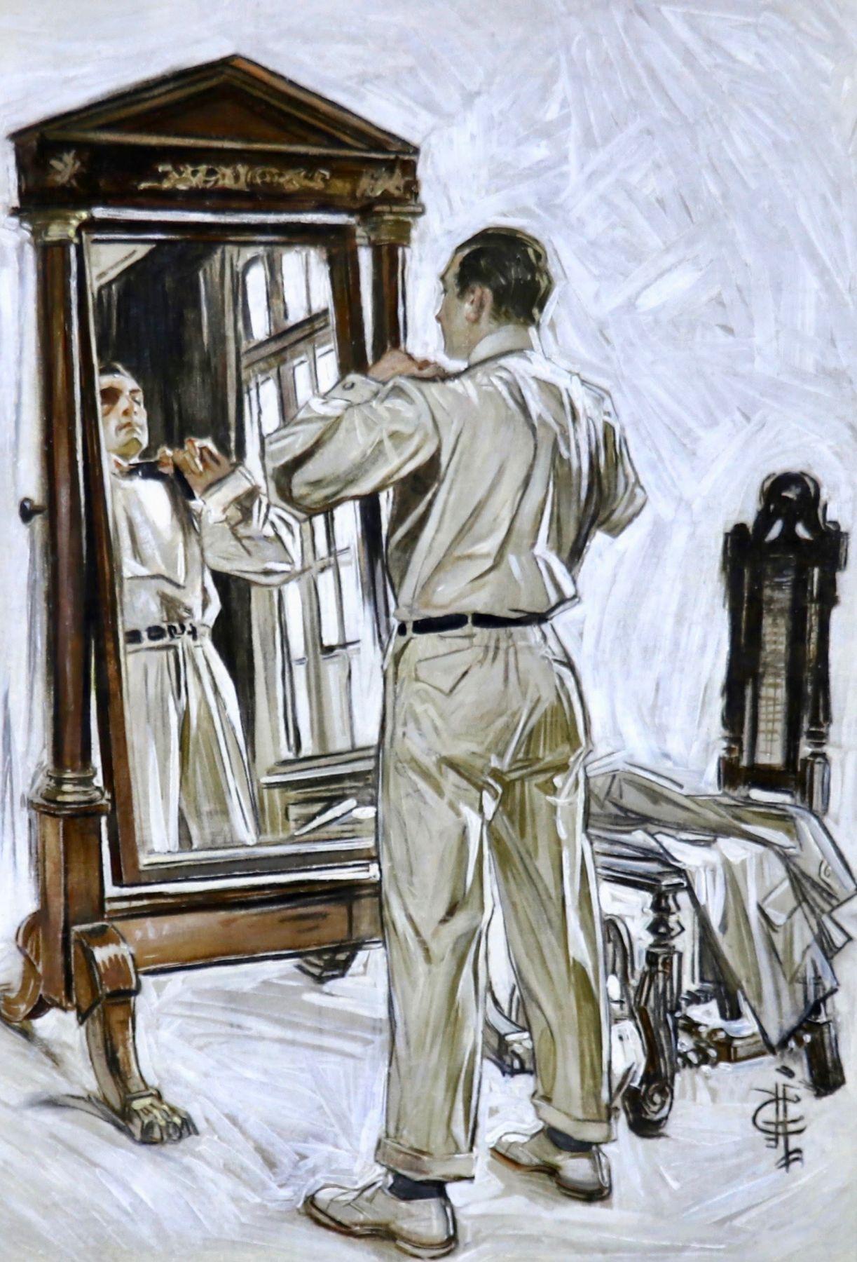 Joseph Christian Leyendecker Figurative Painting - Man Dressing in Mirror