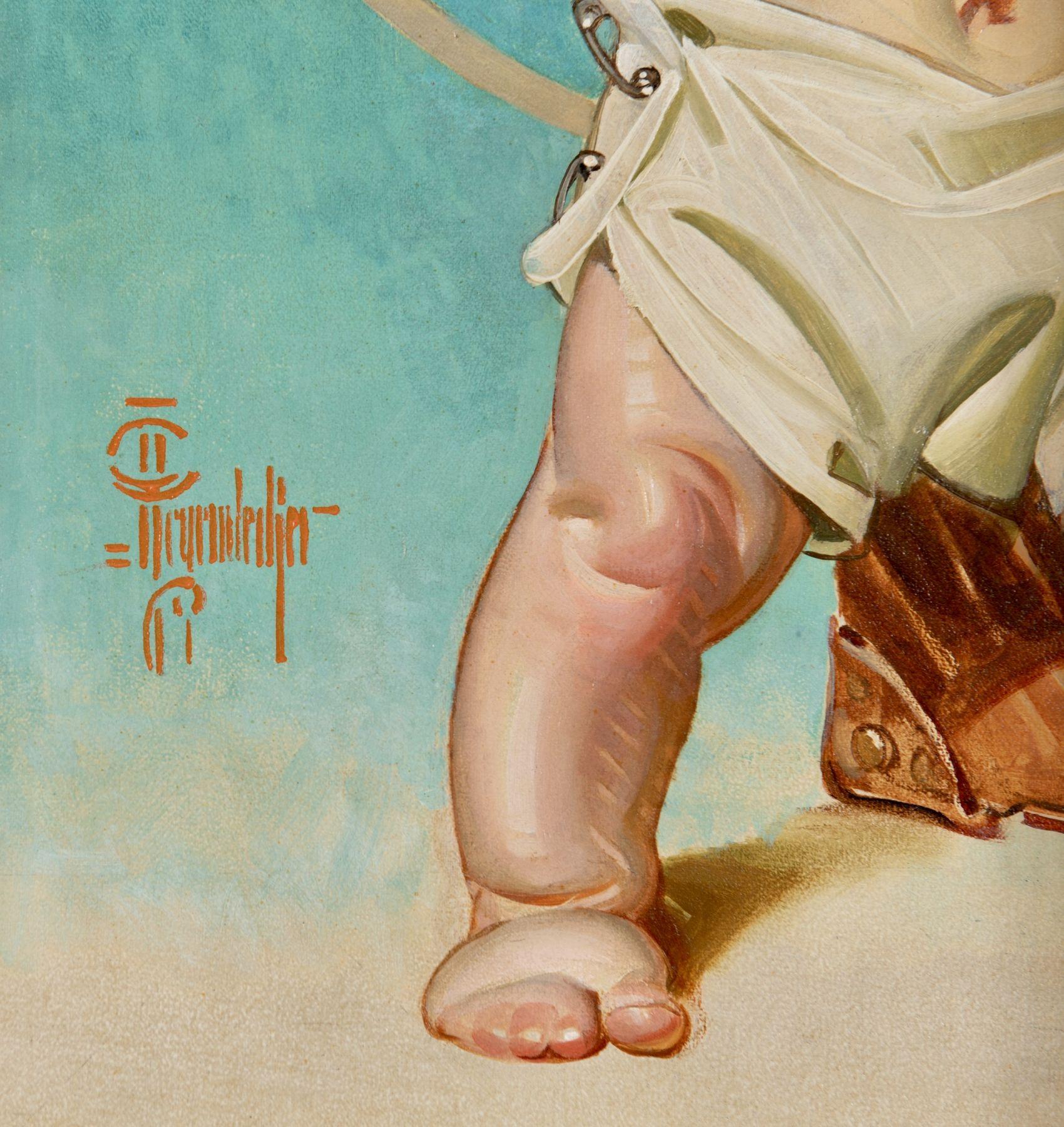 Baby Hitching to War (bébébé attachant à la guerre), Neuf ans - Painting de Joseph Christian Leyendecker