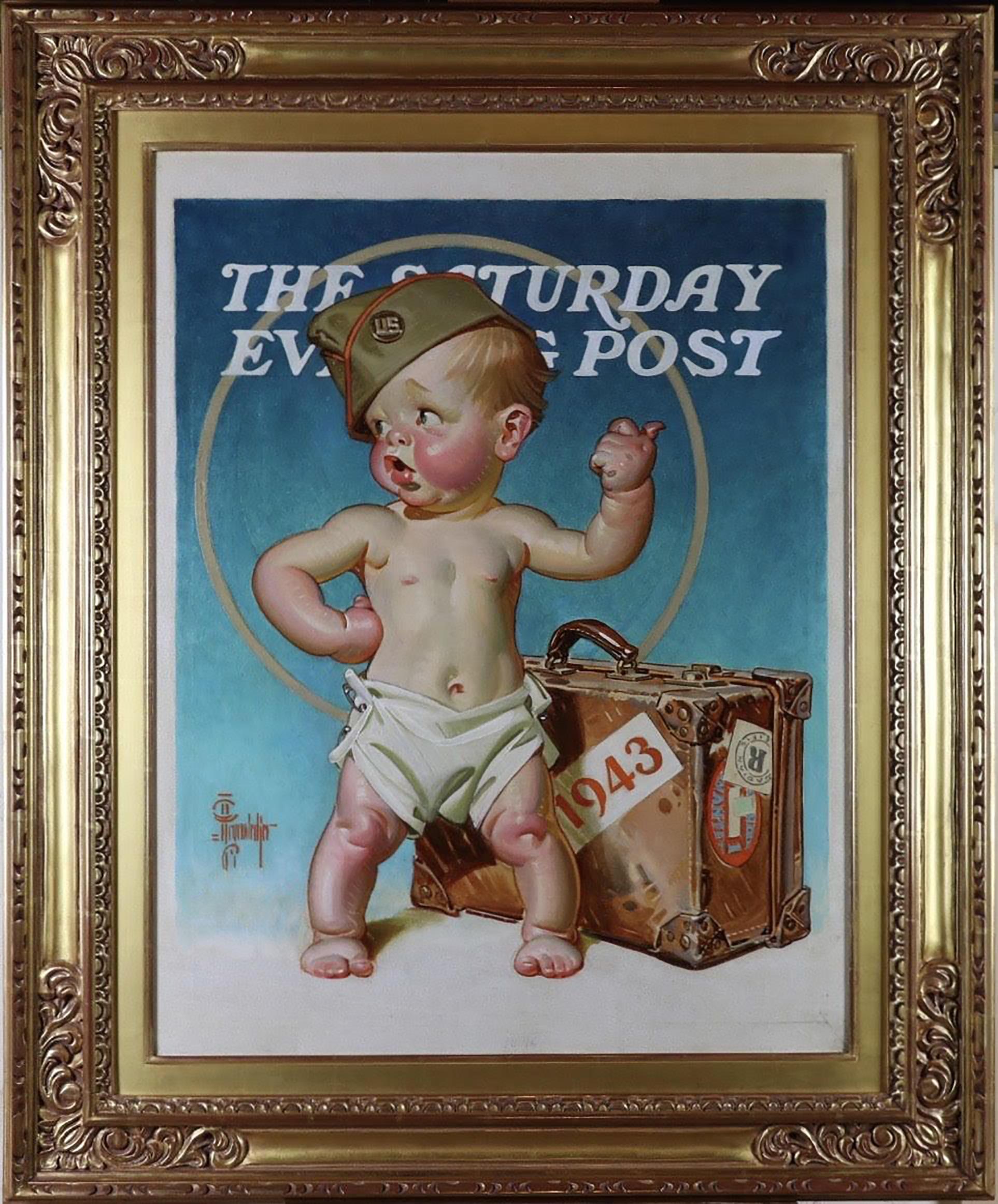 Baby Hitching to War (bébébé attachant à la guerre), Neuf ans - Marron Figurative Painting par Joseph Christian Leyendecker