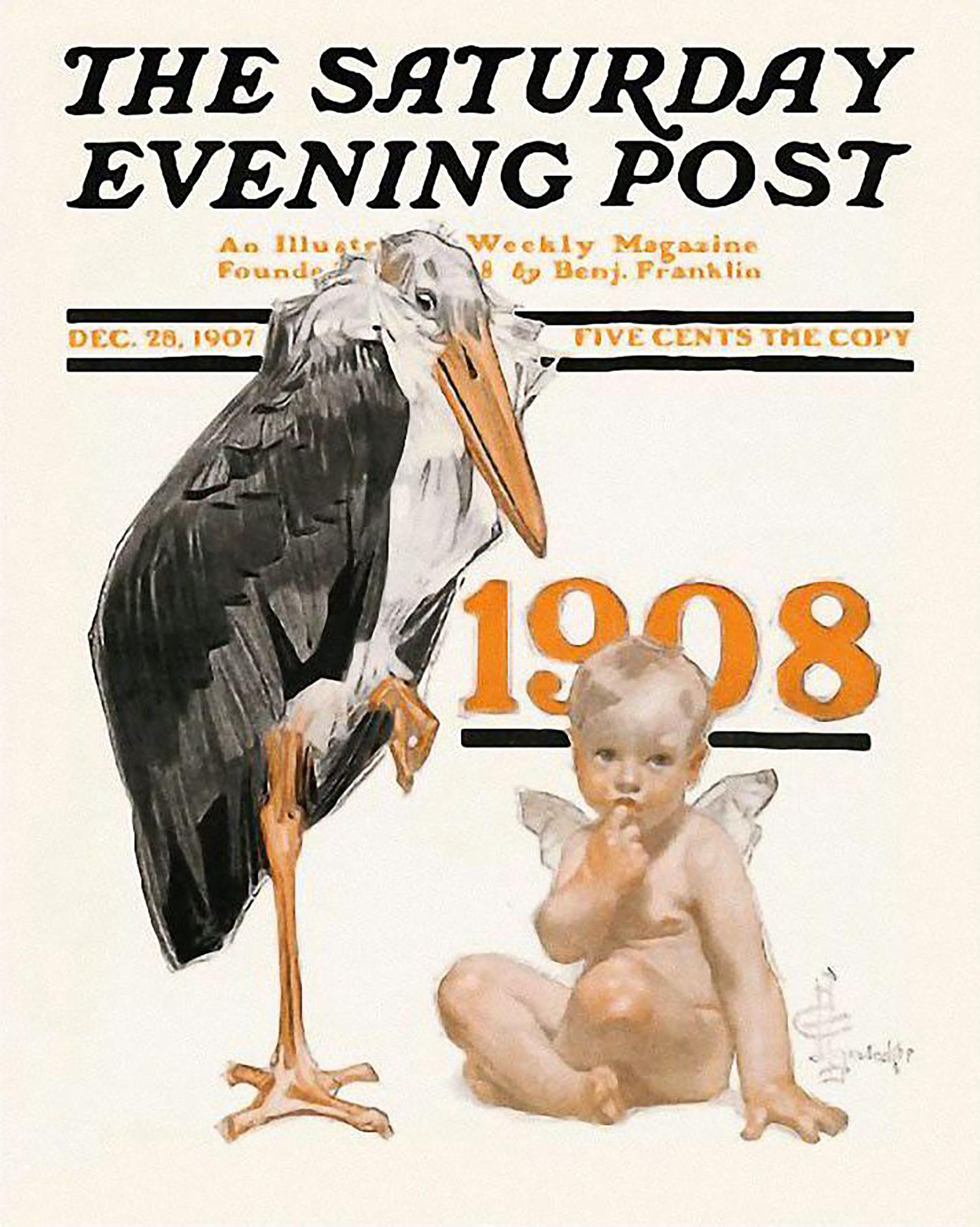 New Years Baby, Saturday Evening Post-Cover, 1907 (Grau), Figurative Painting, von Joseph Christian Leyendecker