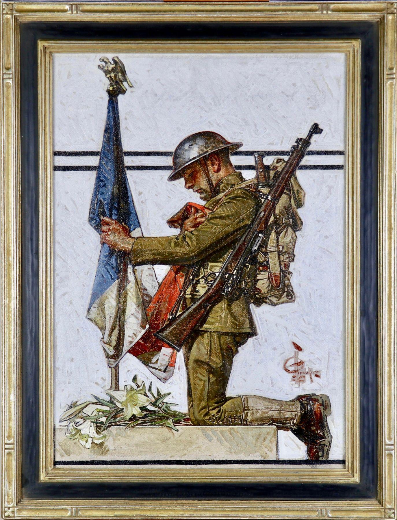 Soldier Kneeling at French Memorial - Painting by Joseph Christian Leyendecker