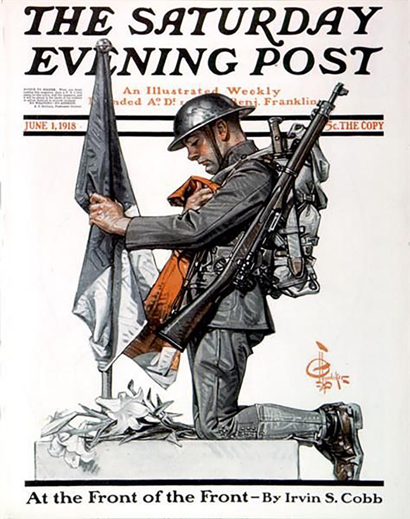 Soldier Kneeling at French Memorial - Gray Figurative Painting by Joseph Christian Leyendecker