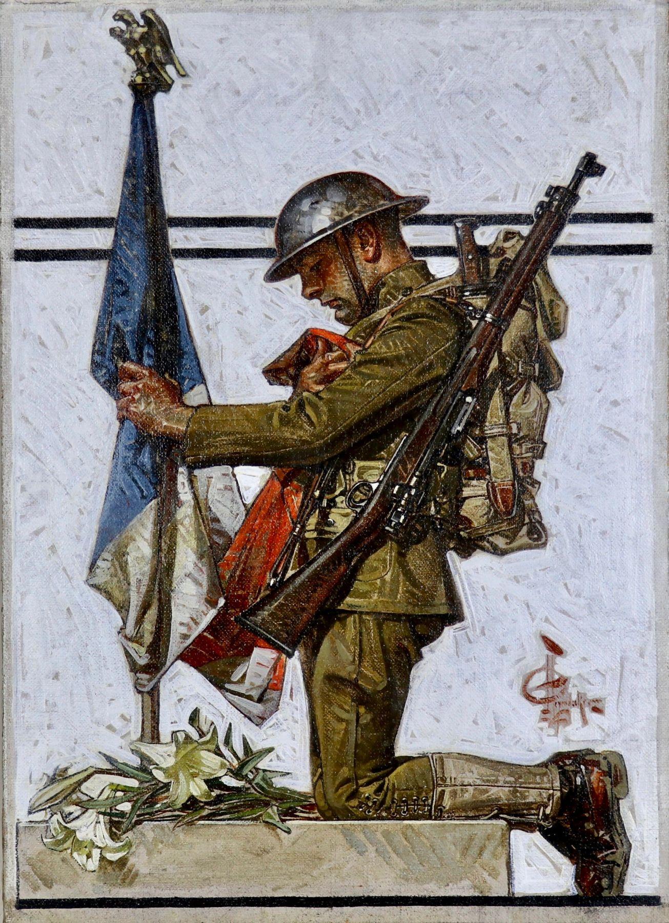 Joseph Christian Leyendecker Figurative Painting - Soldier Kneeling at French Memorial