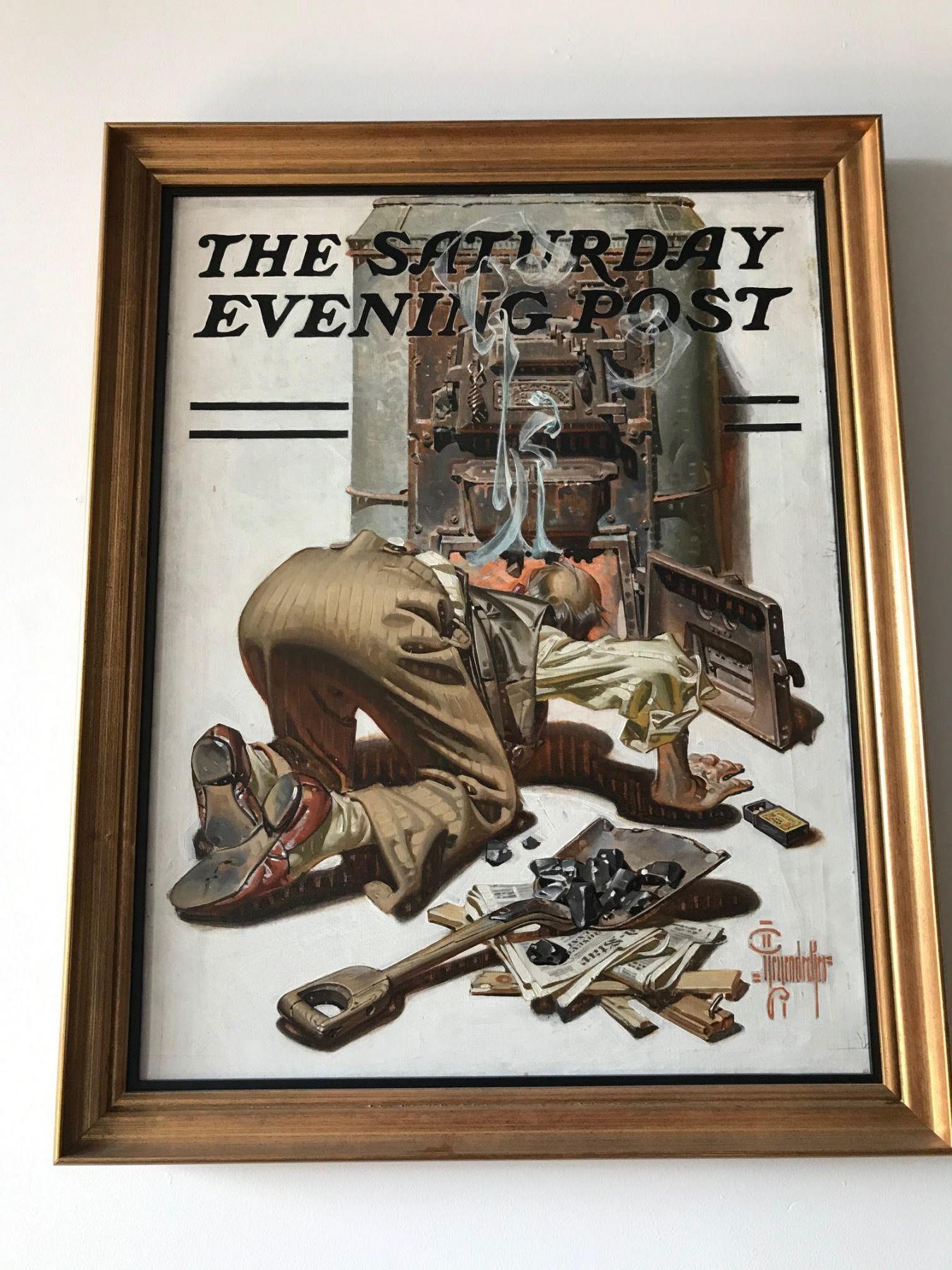 Stoking the Furnace, Saturday Evening Post Cover, 1938 - Painting by Joseph Christian Leyendecker