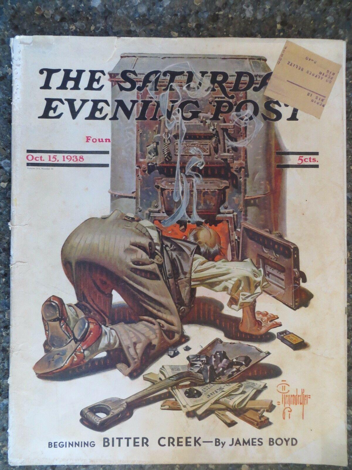 Avivando el horno, portada del Saturday Evening Post, 1938 - Figurative Painting Gris de Joseph Christian Leyendecker