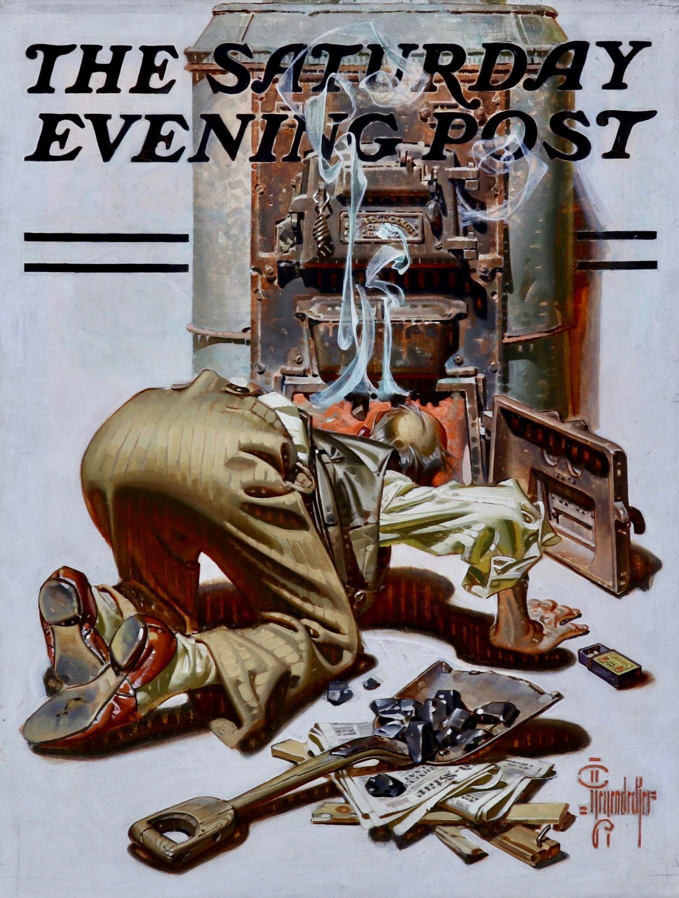 Joseph Christian Leyendecker Figurative Painting - Stoking the Furnace, Saturday Evening Post Cover, 1938