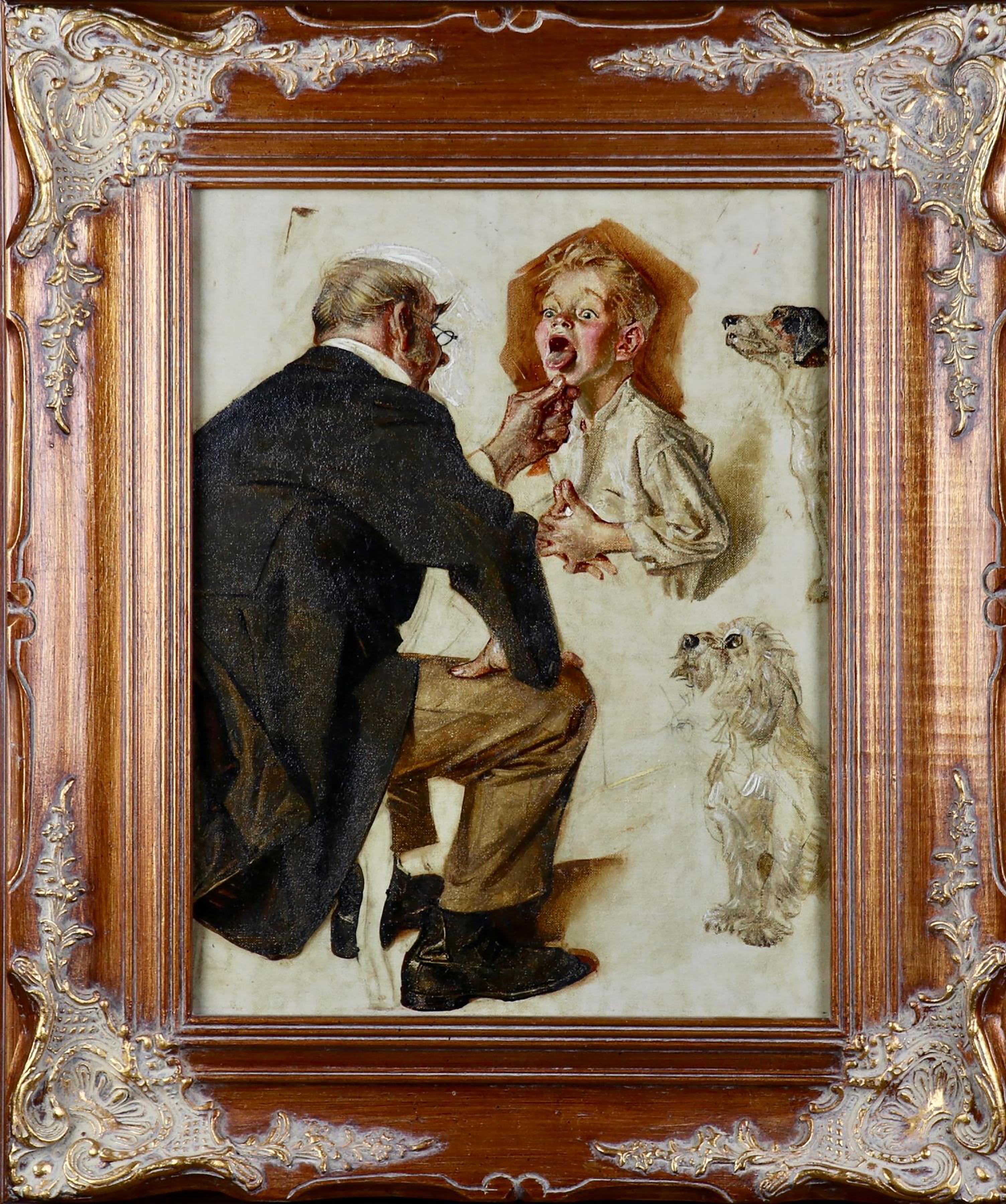 Doctor Looking into Childs Mouth, Studie für das Cover von SEP, 1930 – Painting von Joseph Christian Leyendecker