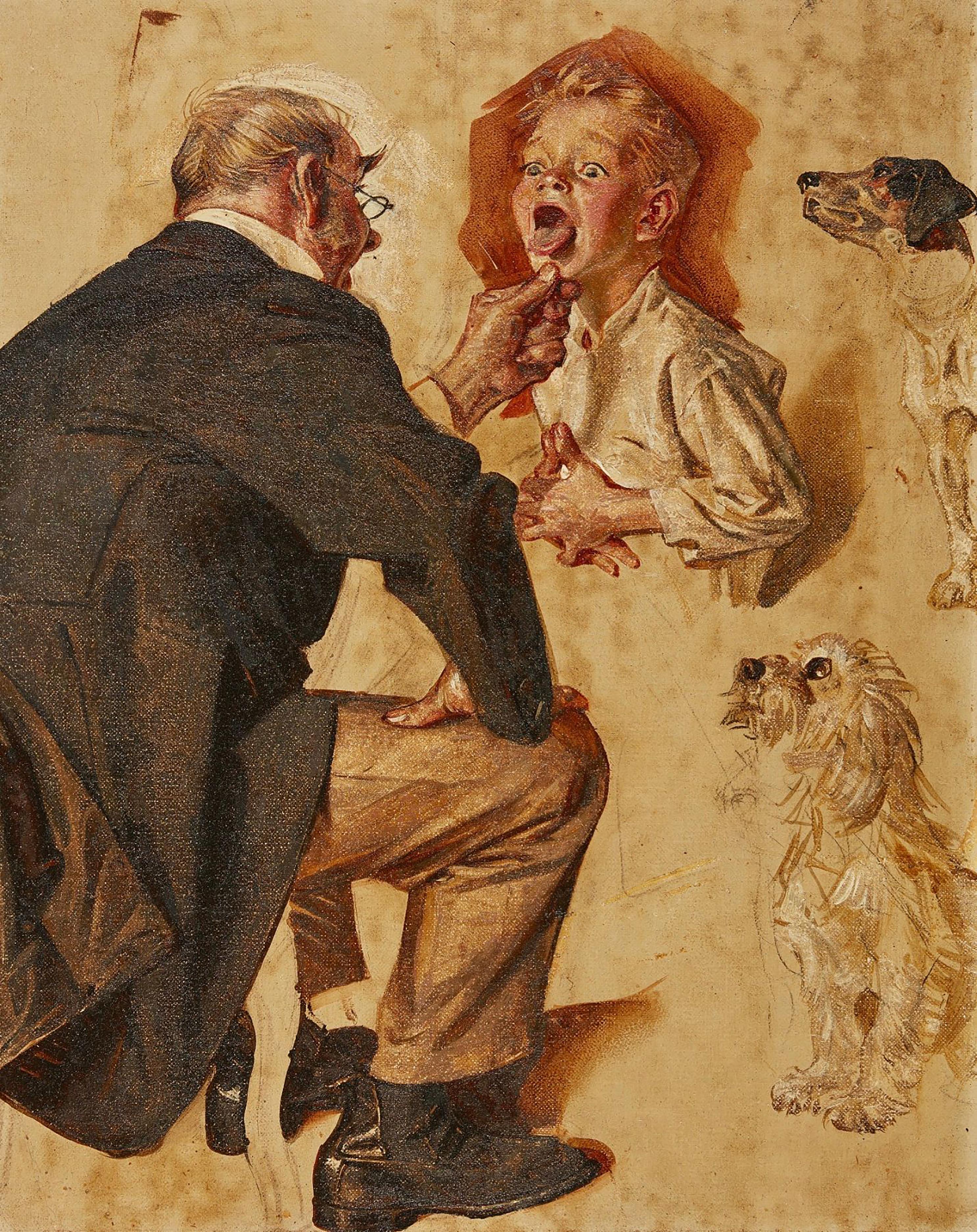 Joseph Christian Leyendecker Figurative Painting – Doctor Looking into Childs Mouth, Studie für das Cover von SEP, 1930