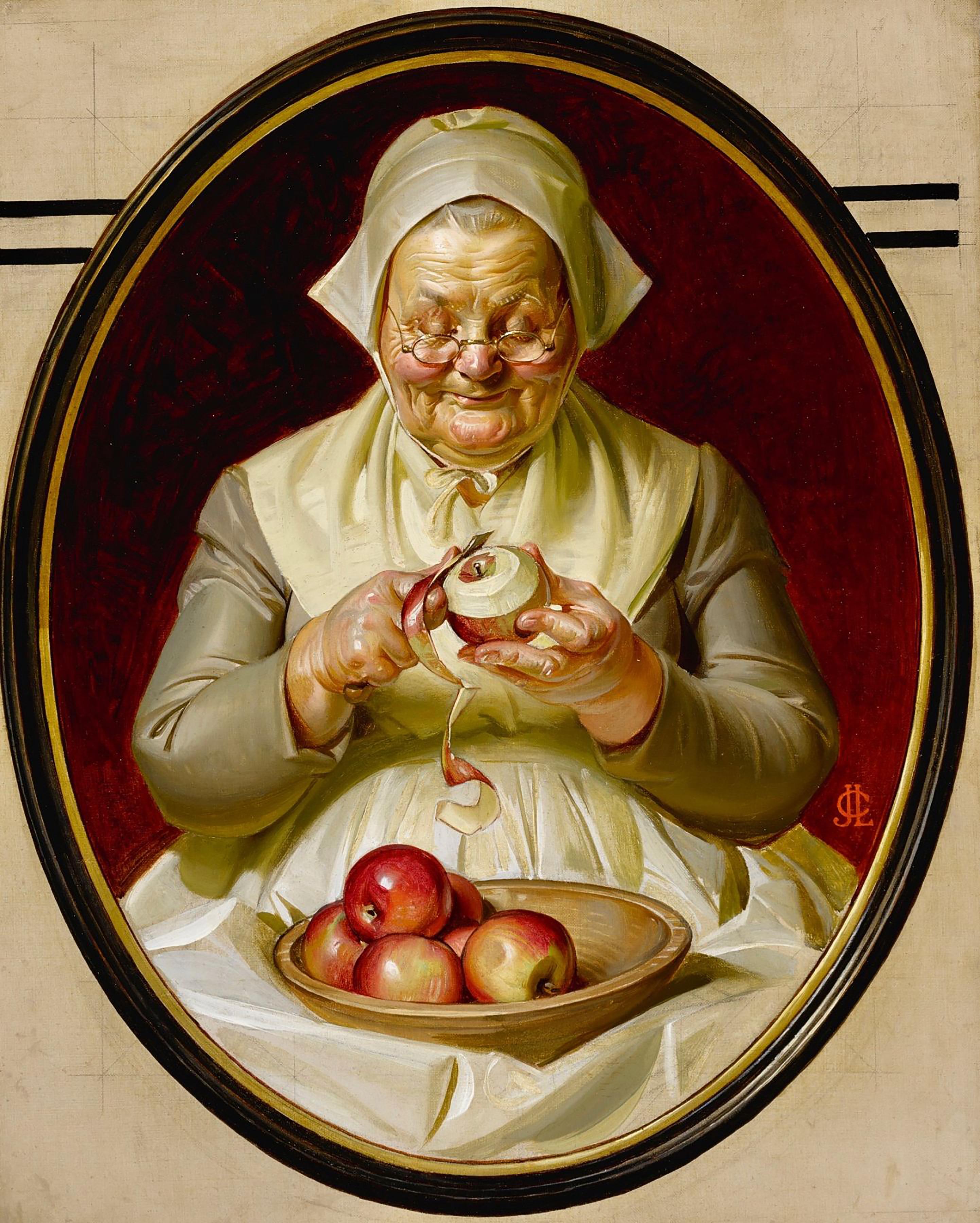 Joseph Christian Leyendecker Figurative Painting - Peeling Apples, Thanksgiving Saturday Evening Post Cover, 1925