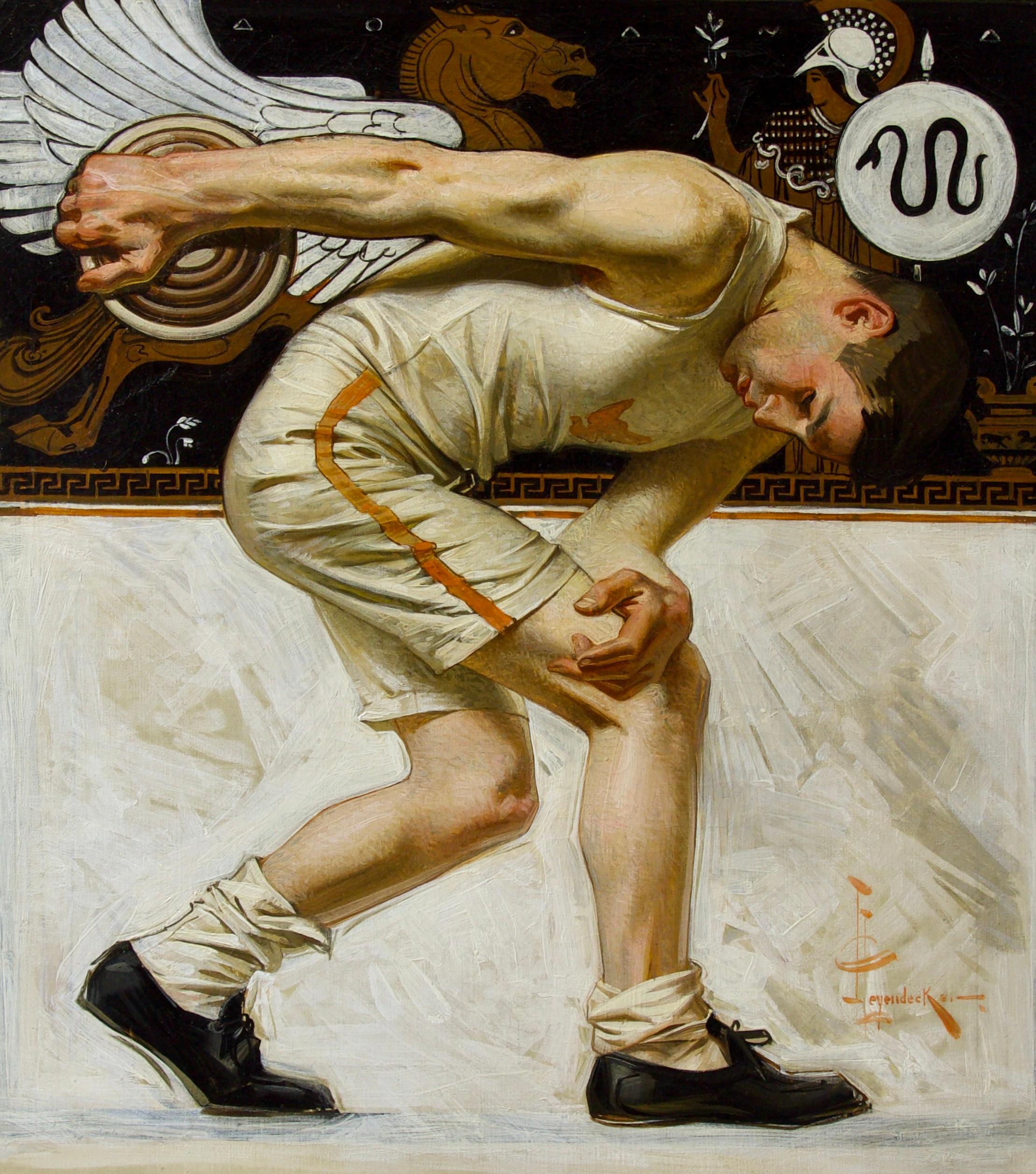 Signed by Artist Signed Lower Right

The Discus Thrower, The American Victory at Athens, Collier's Weekly magazine cover, June 9, 1906

LITERATURE:
L.S. Cutler and J.G. Cutler, J.C. Leyendecker, American Imagist, New York, 2008, p. 177, illustrated.