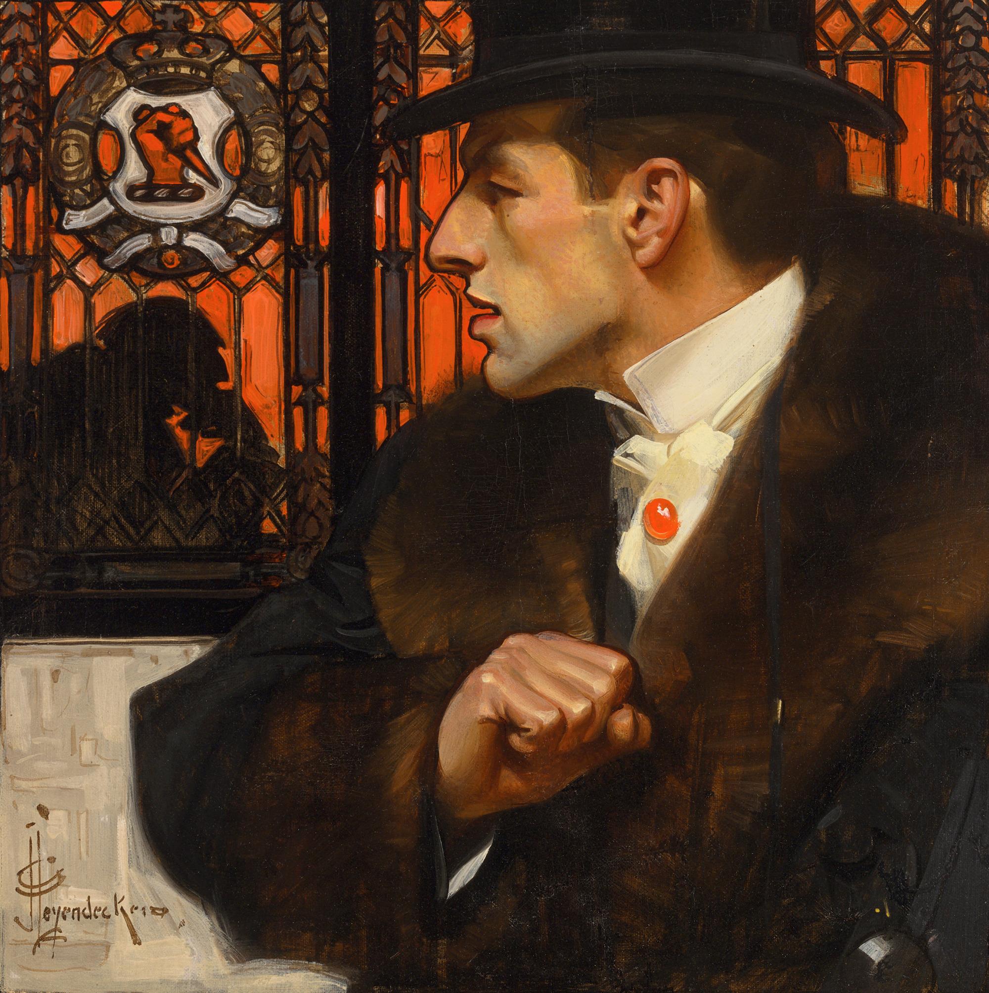 Joseph Christian Leyendecker
1874-1951 | American 

The Sleuth
Saturday Evening Post Cover, June 2, 1906

Signed "JCLeyendecker" (lower left)
Oil on canvas

A debonair sleuth peers through a stained glass window at the mysterious silhouette of a man