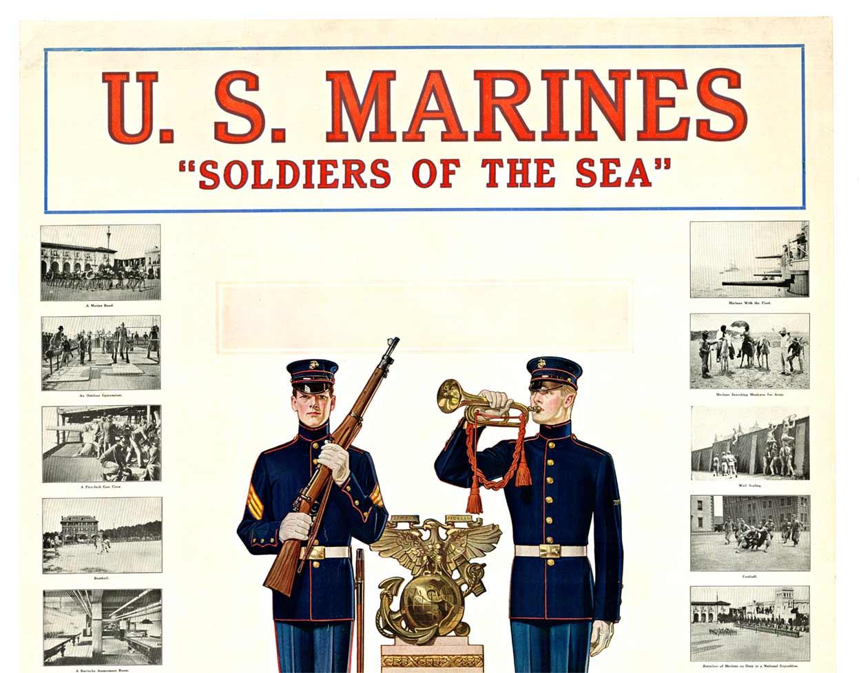 Original U. S. Marines, Soldiers of the Sea cartel vintage WW1  respaldo de lino - Print de Joseph Christian Leyendecker
