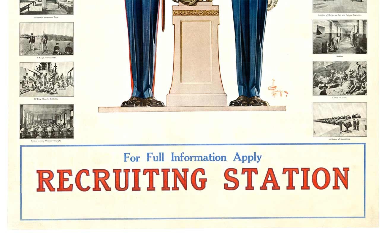 Original U. S. Marines, Soldiers of the Sea cartel vintage WW1  respaldo de lino - Print Art Decó de Joseph Christian Leyendecker