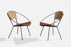 Joseph Cicchelli, Lounge Chairs, Iron, Leather, Rush, USA, 1950s