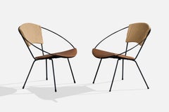 Joseph Cicchelli, Lounge Chairs, Iron, Leather, Rush, USA, 1950s