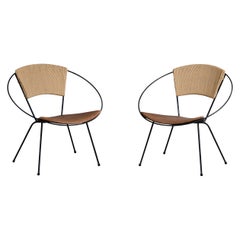 Joseph Cicchelli, Lounge Chairs, Iron, Leather, Rush, USA, 1950s