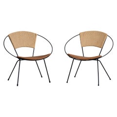 Joseph Cicchelli, Lounge Chairs, Iron, Leather, Rush, USA, 1950s
