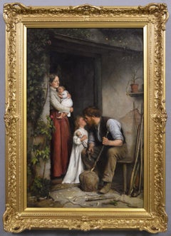 19th Century genre oil painting of a family outside a cottage