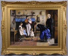 19th Century genre oil painting of a family receiving visitors